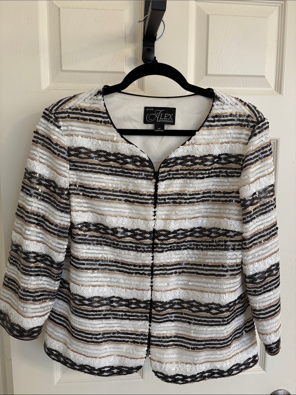 Alex Evenings White, Black & Gold Striped Sequin Jacket